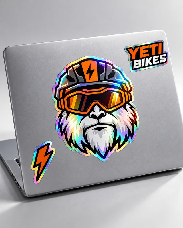 Голографические стикеры Yeti Bikes на ноутбуке